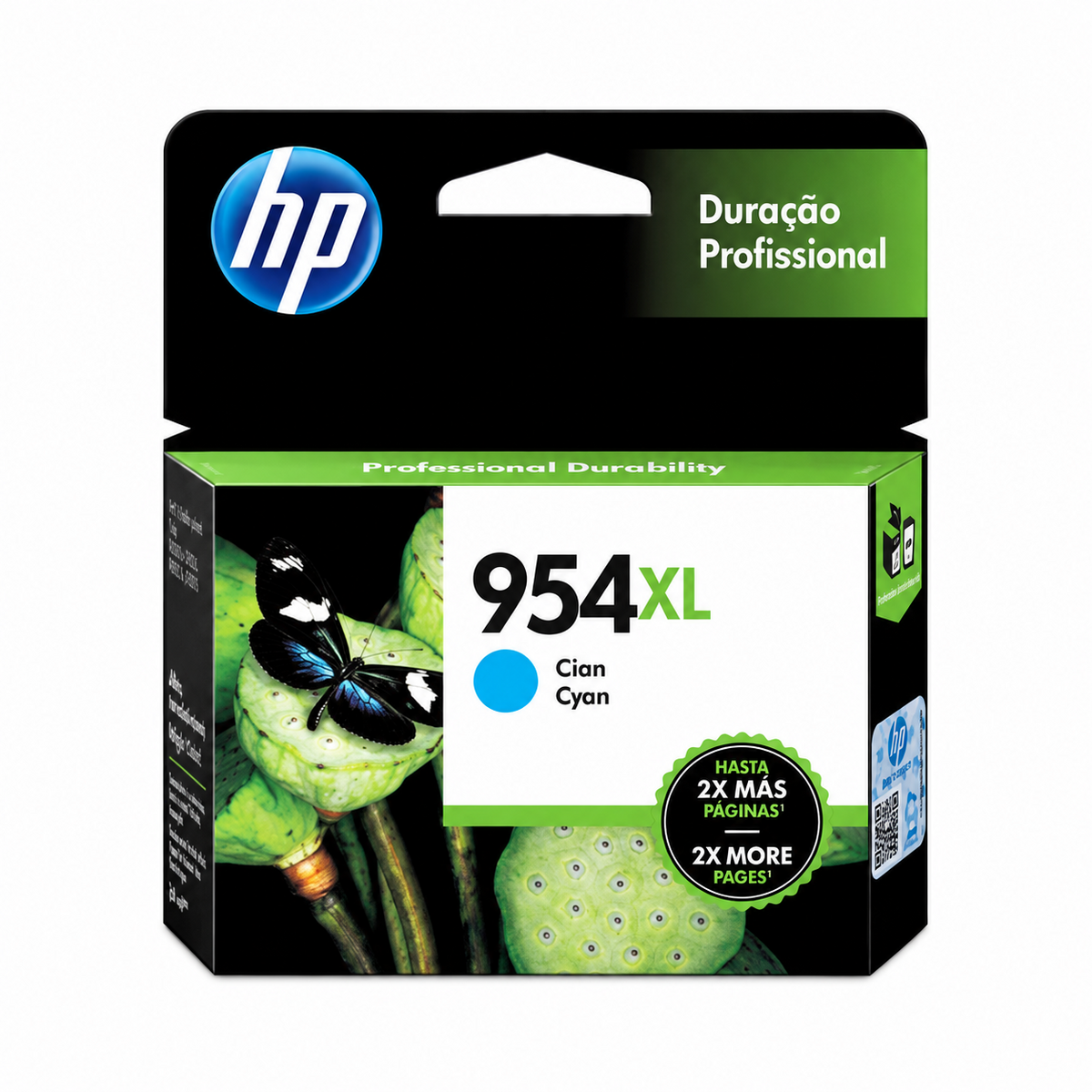 Cartucho HP 954XL cian original en empaque negro y verde sobre fondo blanco