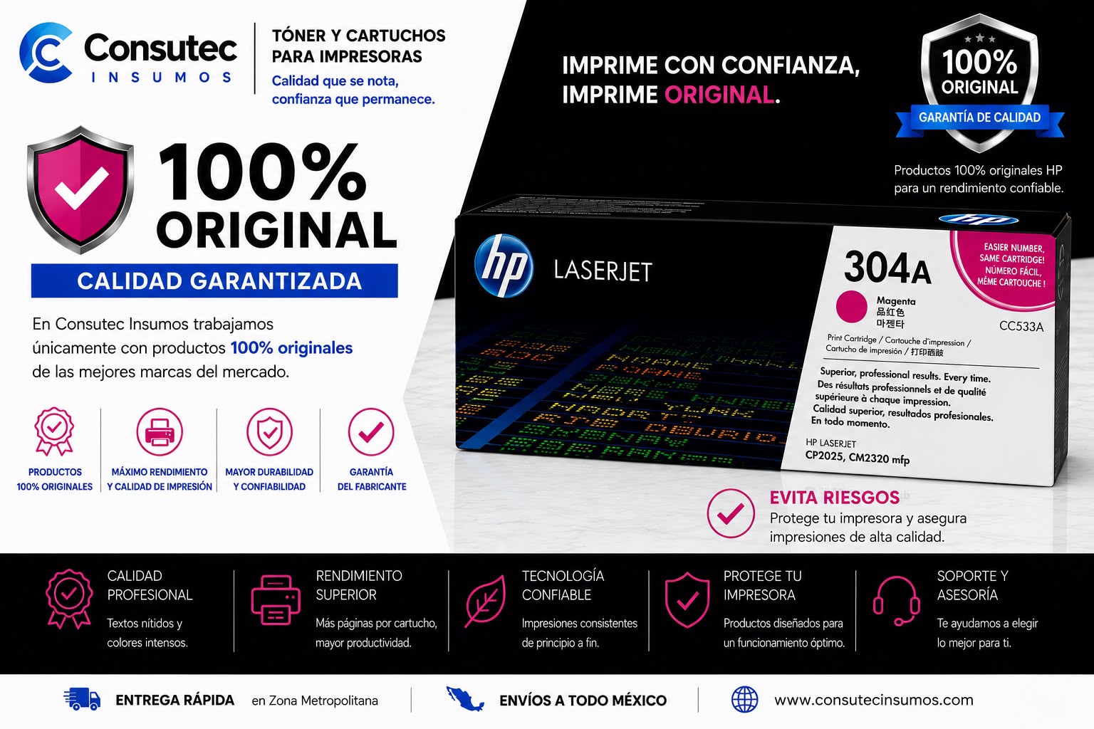 Tóner HP 304A Magenta Original, 2,800 Páginas CC533A - Imagen 3