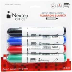 JUEGO MARCADOR NEXTEP, PARA PIZARRÓN BLANCO, 4 COLORES, PUNTA GRUESA CINCEL, 4MM.