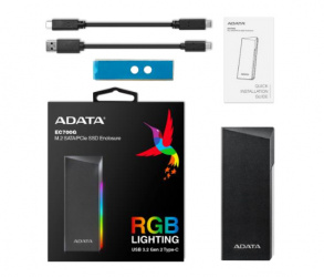 ADATA GABINETE DE DISCO DURO, EC700G, RGB M.2, SATA, USB 3.2, COLOR NEGRO.