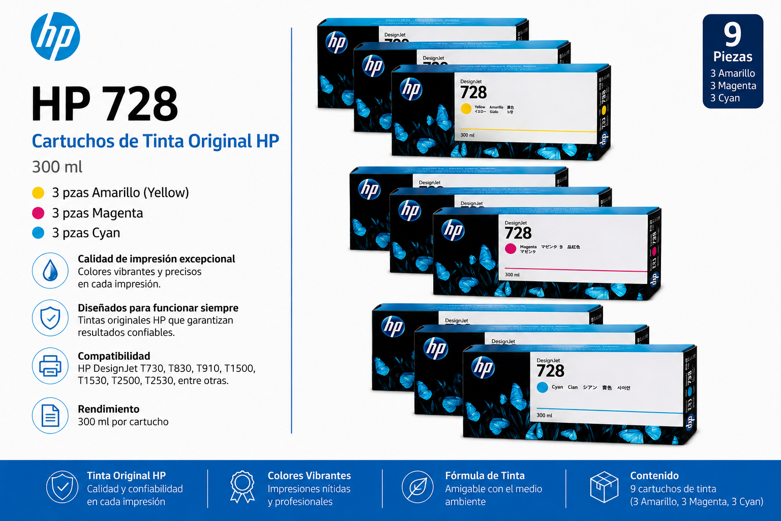 CARTUCHO HP 728 300 3 AMARILLOS 3 MAGENTAS 3 CYAN