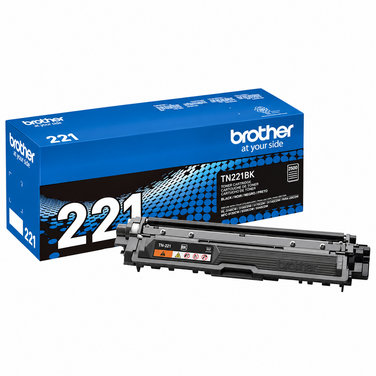 Tóner Brother TN221BK negro con empaque azul original sobre fondo blanco