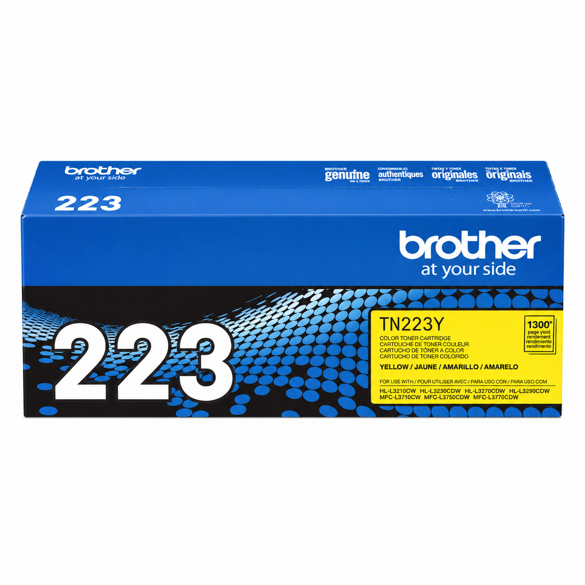 Tóner Brother TN223Y amarillo original en empaque azul, fondo blanco