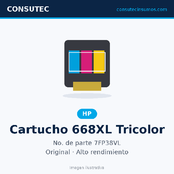 Cartucho HP 668XL Alto Rendimiento Tricolor 7FP38VL