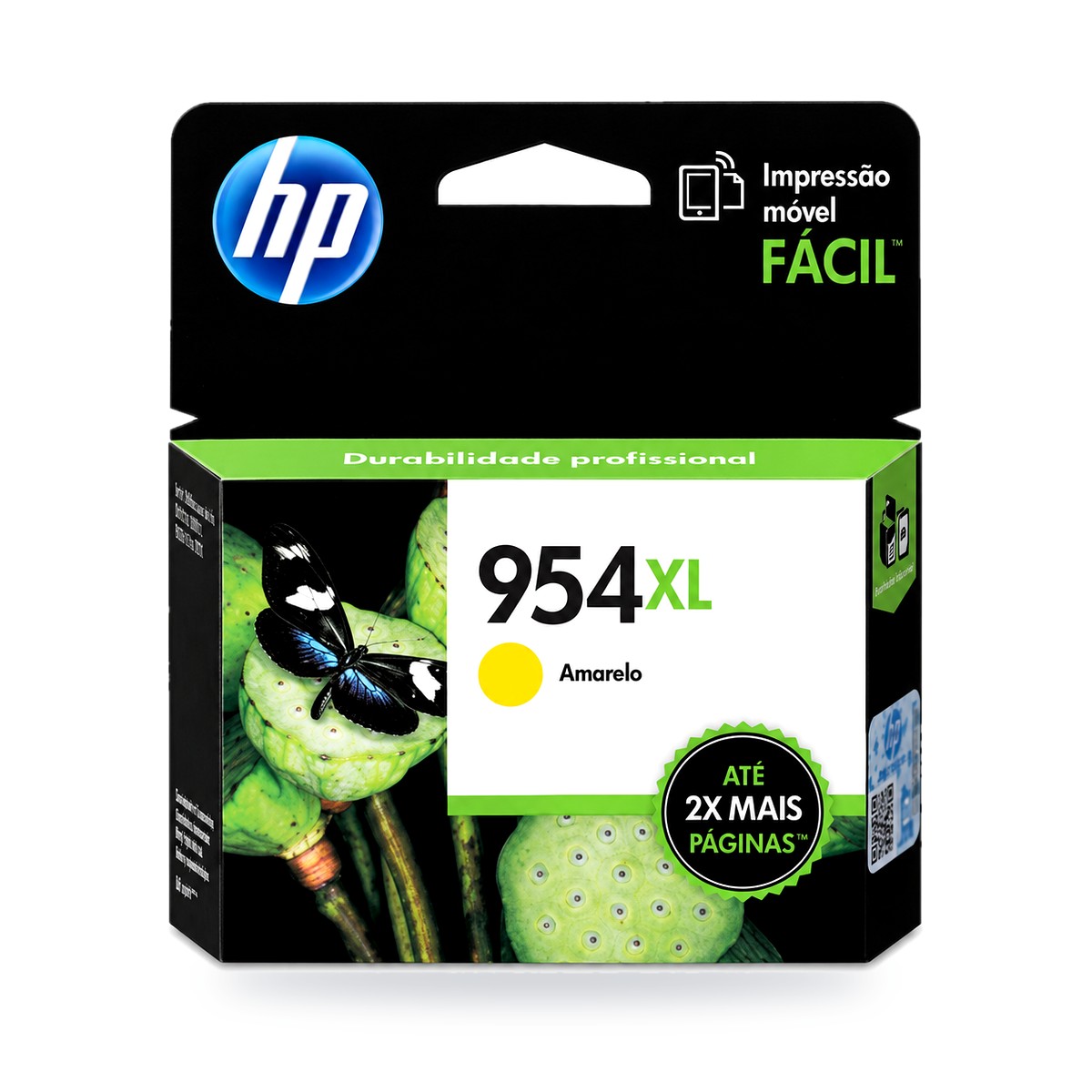 Cartucho de tinta HP 954XL amarillo original L0S68AL, empaque sobre fondo blanco