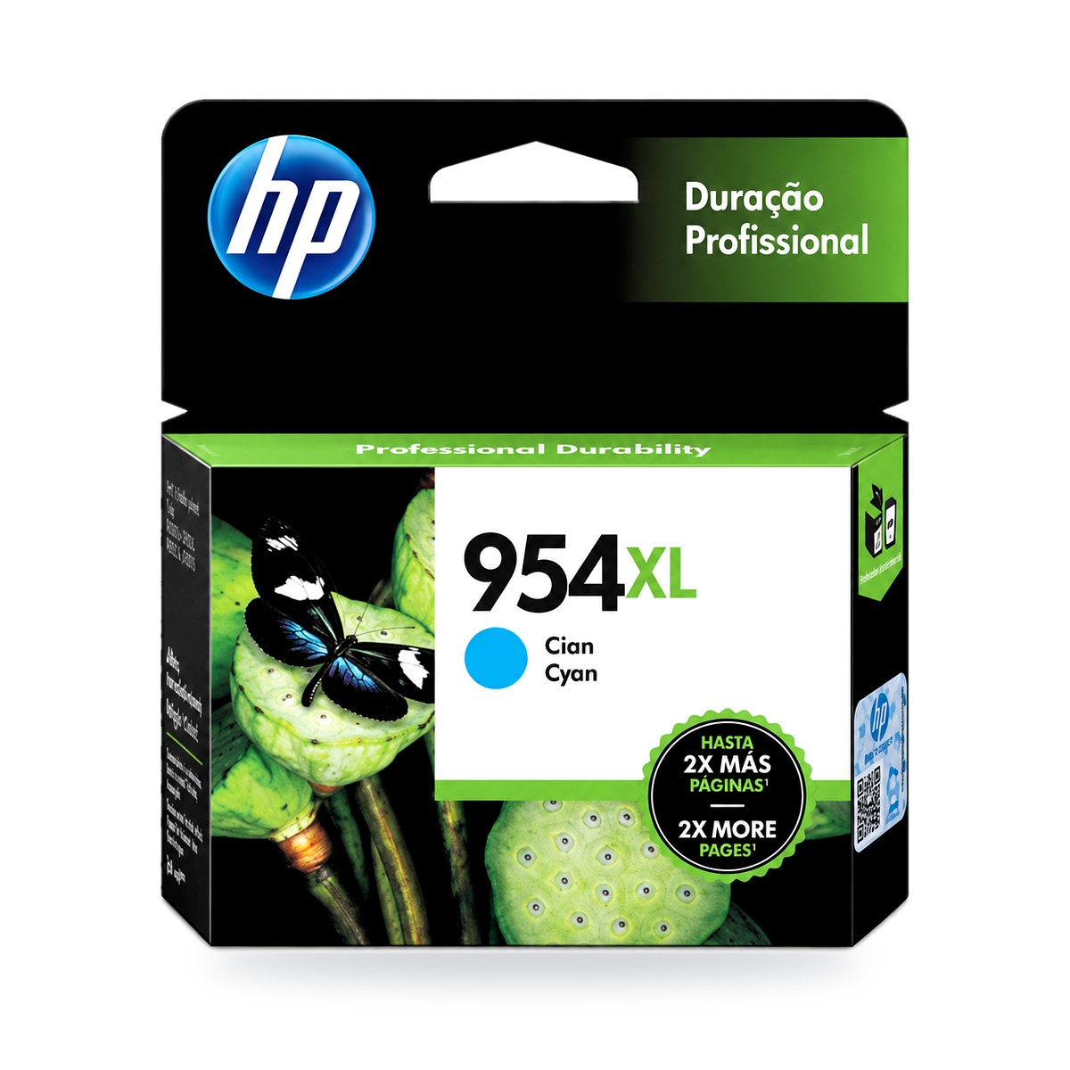 Cartucho de tinta HP 954XL cian original L0S62AL, empaque sobre fondo blanco