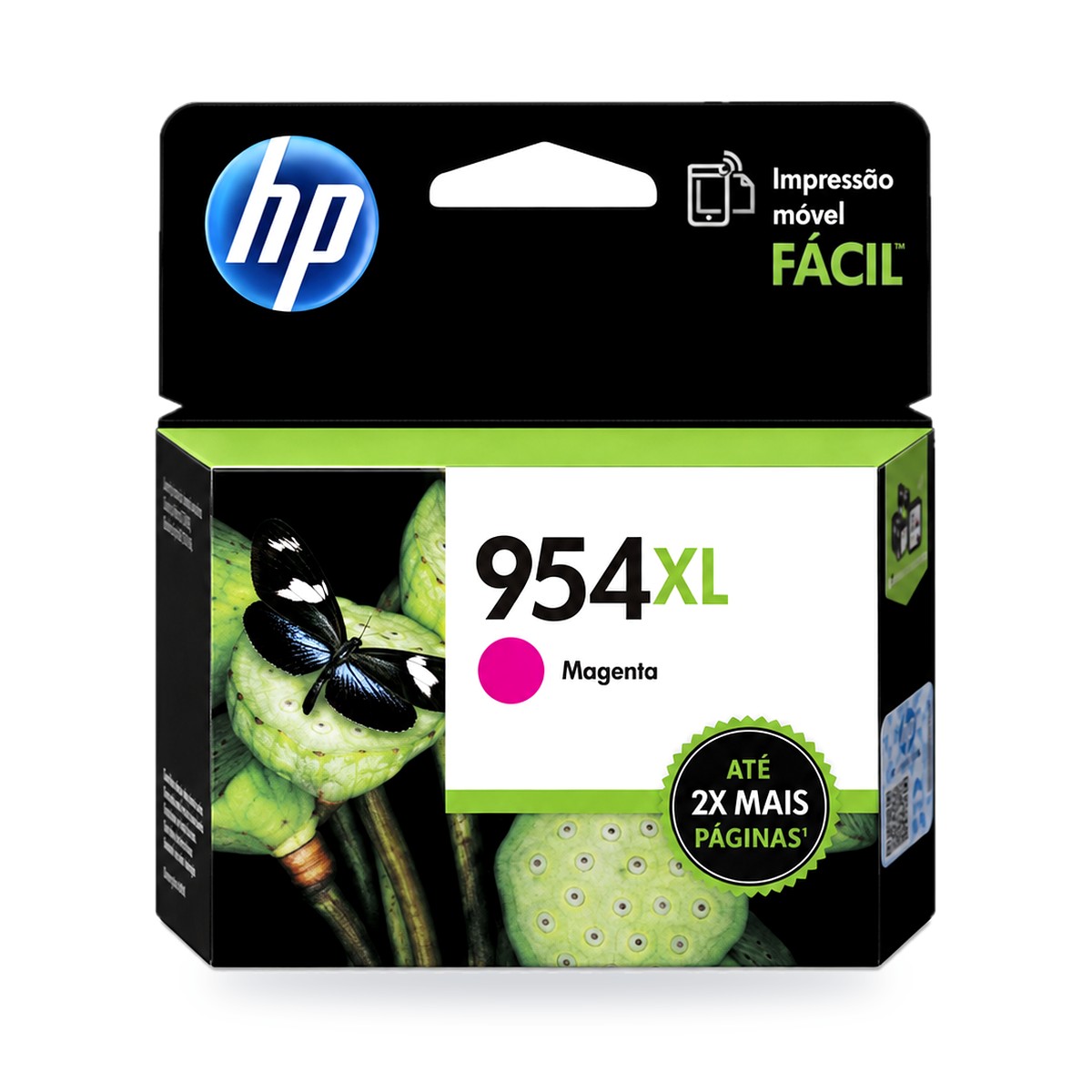 Cartucho de tinta HP 954XL magenta original L0S65AL, empaque sobre fondo blanco