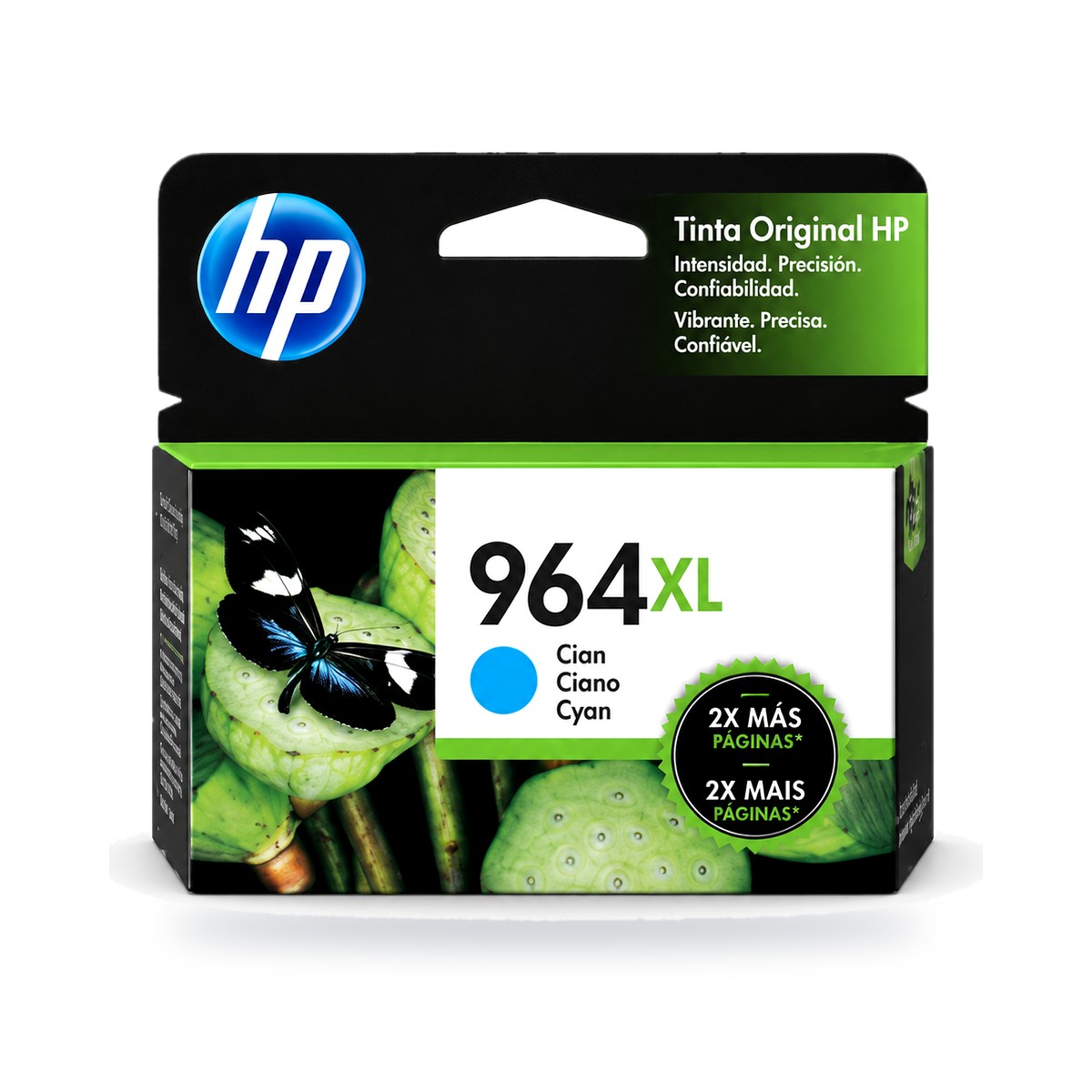 Cartucho de tinta HP 964XL cian original 3JA54AL, empaque sobre fondo blanco