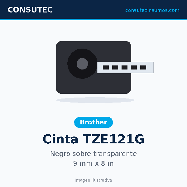 Cinta Brother TZE121G Negro sobre Transparente 9mm x 8m