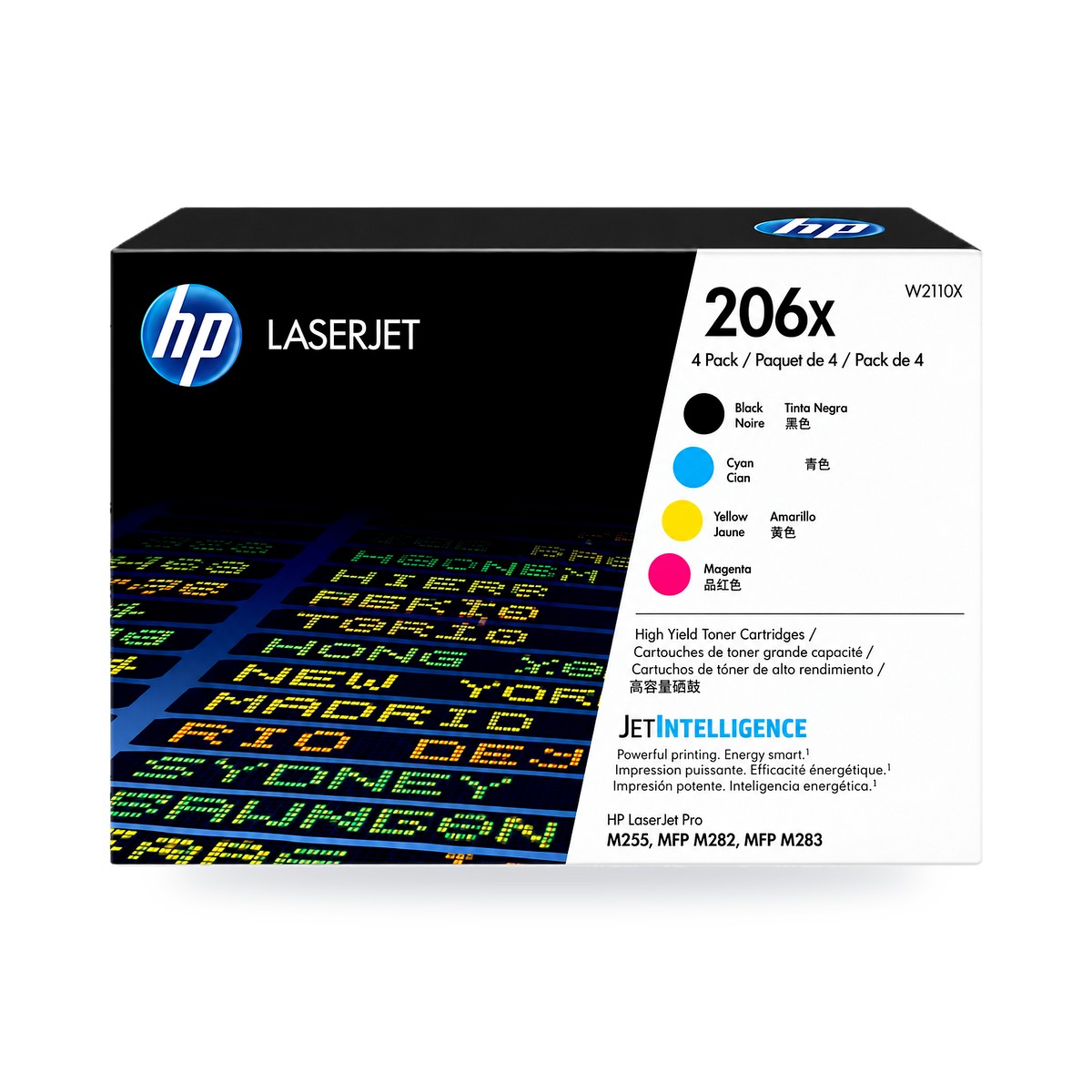 Kit de tóner HP 206X original en 4 colores W2110X, caja sobre fondo blanco