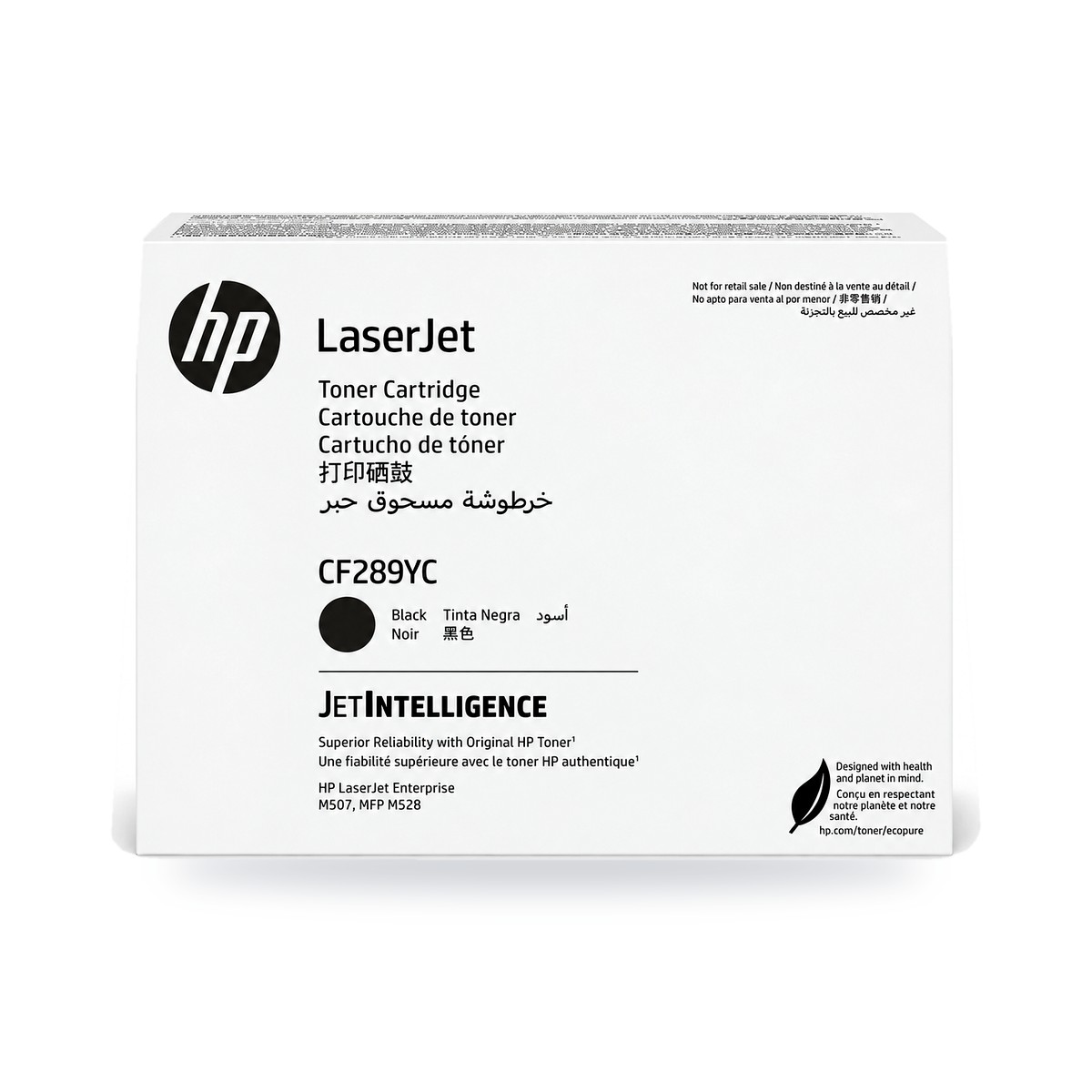 Tóner HP CF289YC negro original, caja sobre fondo blanco